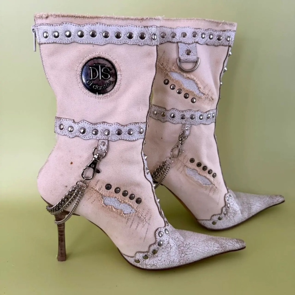 El Dantes Studded Chain Stiletto Boots Cream Distressed Y2K Size  7